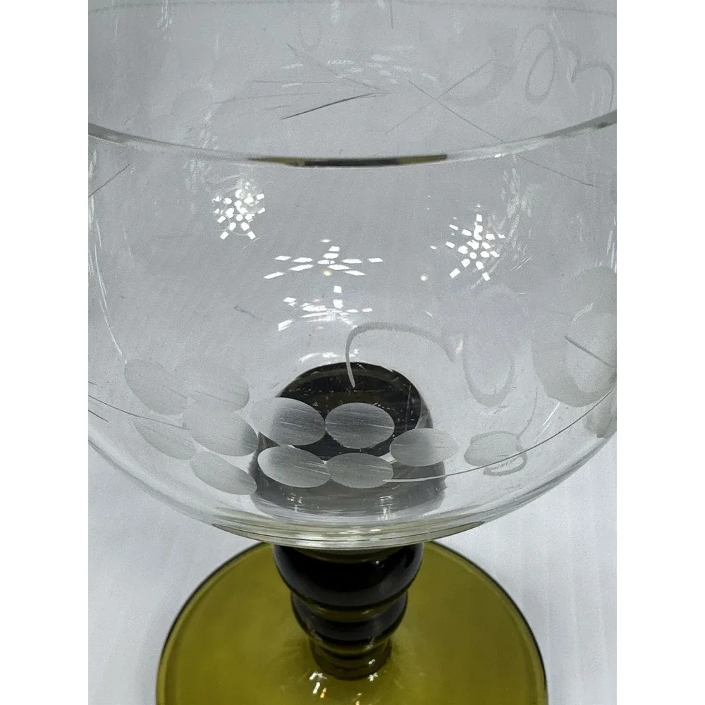 7 VTG Roemer Goblet Glasses Avocado Green Stem Etched Grapevine 2 Big 5 Smaller‎